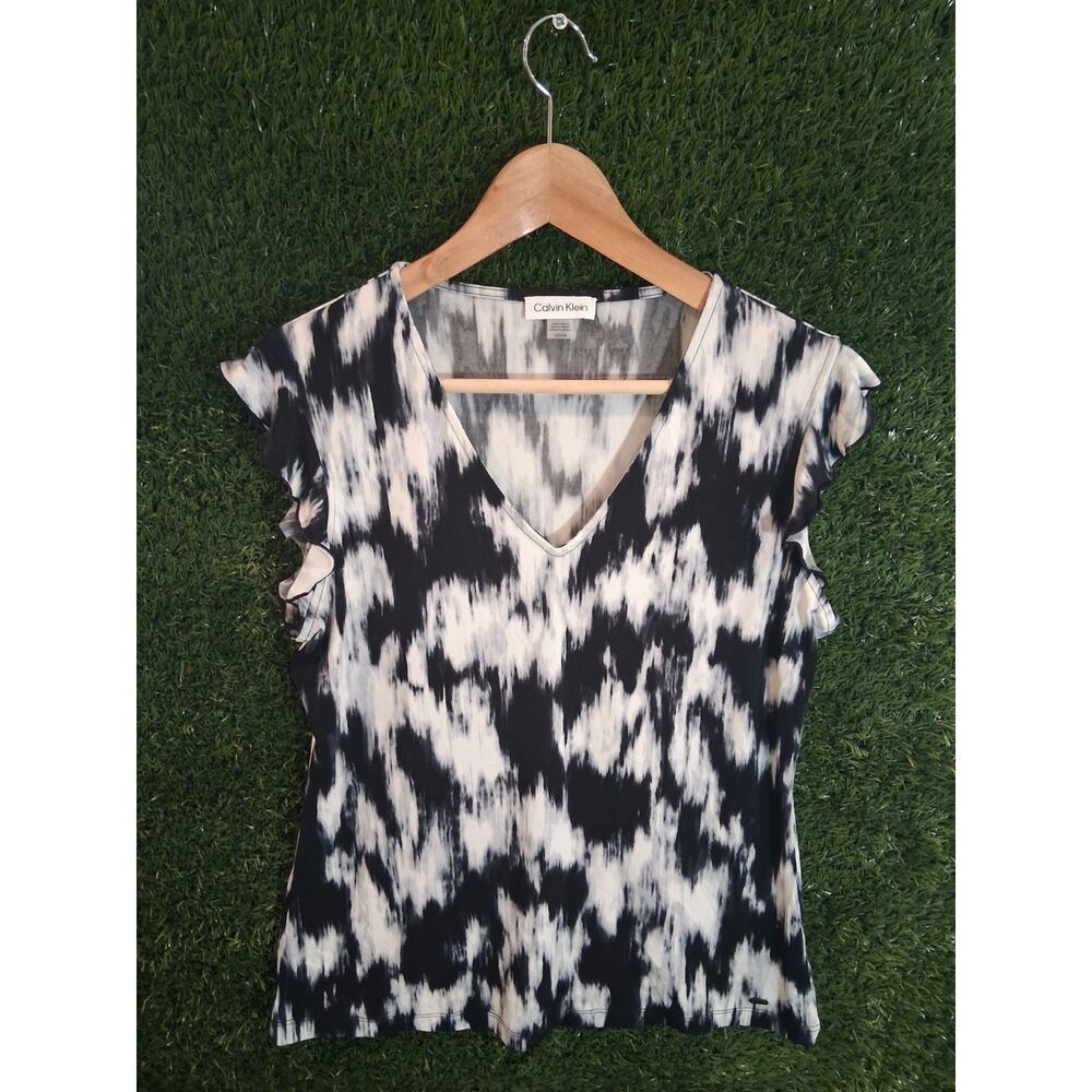 Calvin Klein Women's Black & White Abstract Print V-Neck Ruffle Sleeve Top Sz M